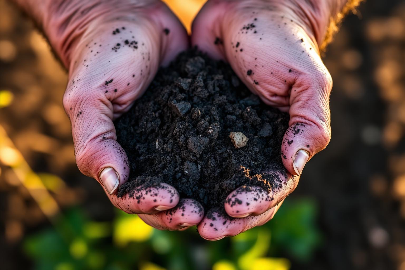 Hands holding rich, dark amended garden soil