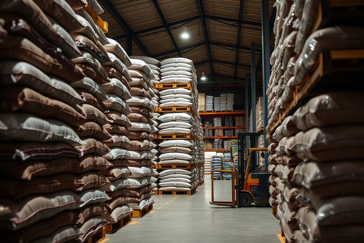Pallets of soil bags stacked in the Golden Valley Hydroponics warehouse