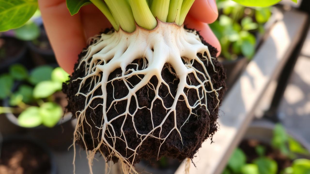 A healthy white root system in a soil root ball